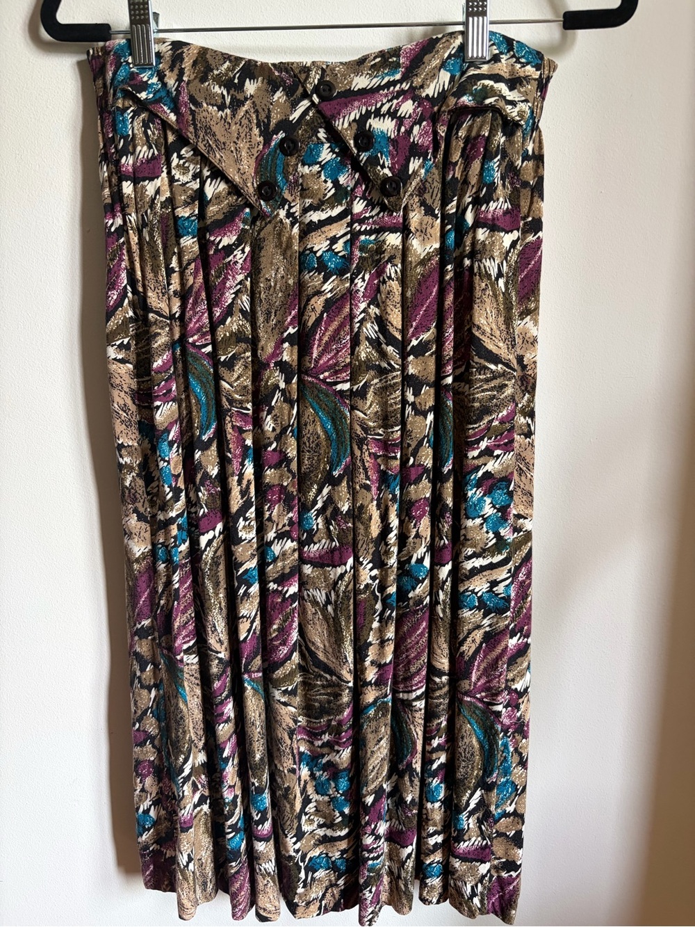 VTG Pleated Multicolor Midi Skirt - Teal, Purple & Taupe Brown